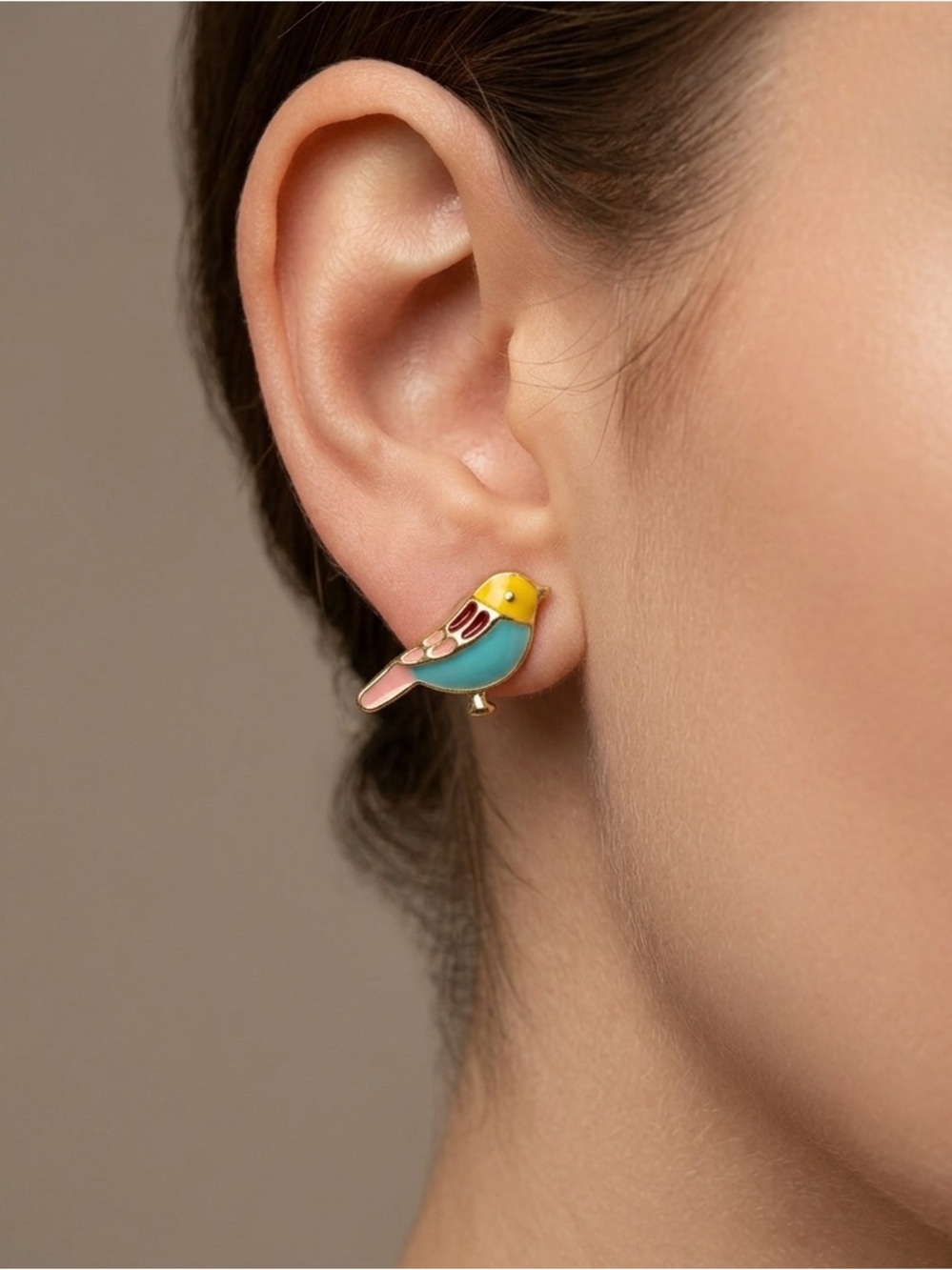 Colorful Enamel Bird Stud Earrings | Gold Tone Turquoise Pink Yellow